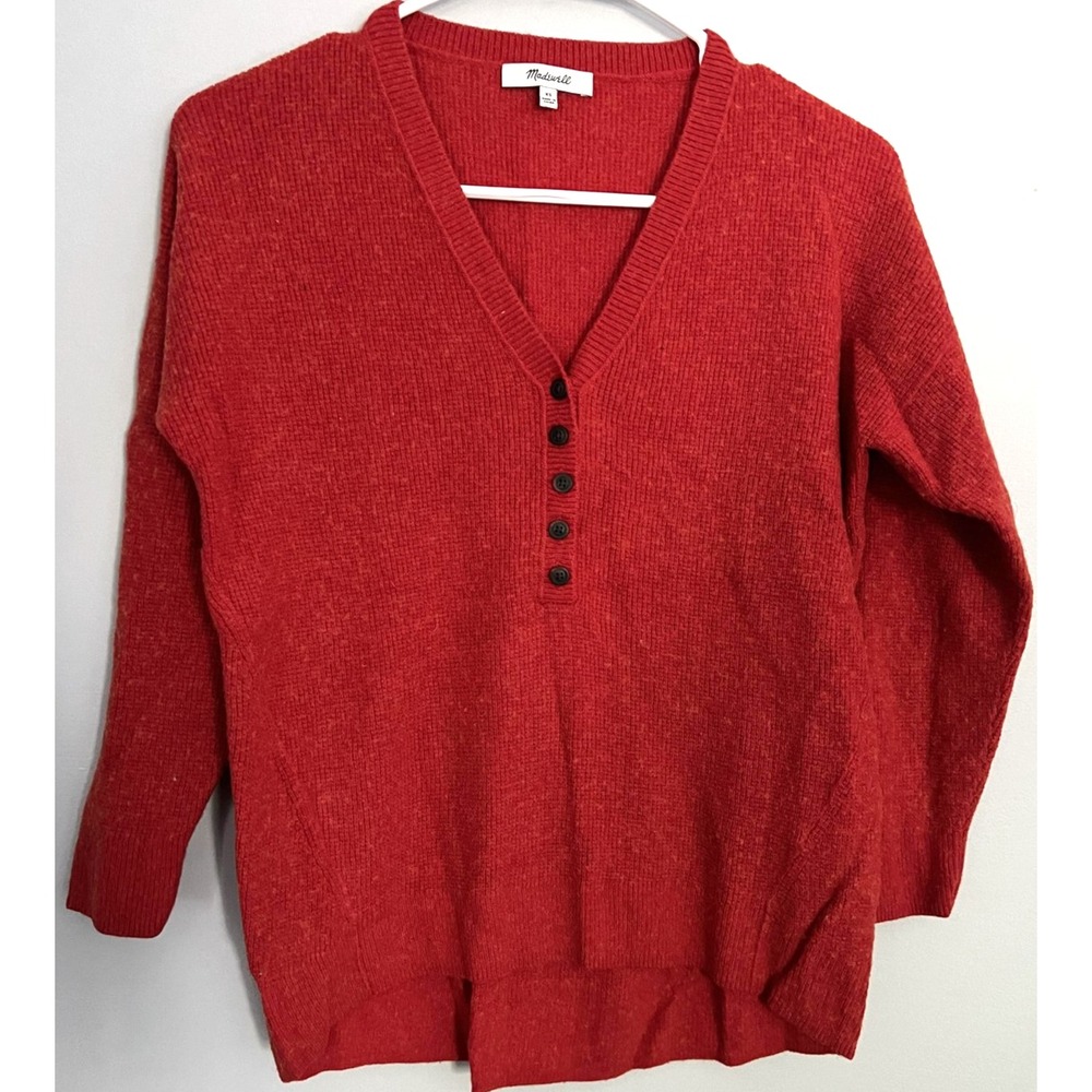 Madewell Sweater Women XS Red V Neck Button Henley Alpaca Wool Knit Pullover